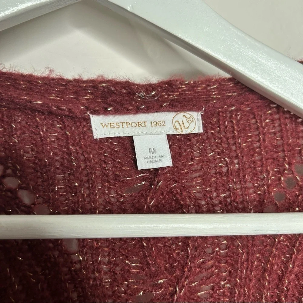 Westport Women’s Maroon Gold Shimmer Sweater Cardigan Open Front Medium